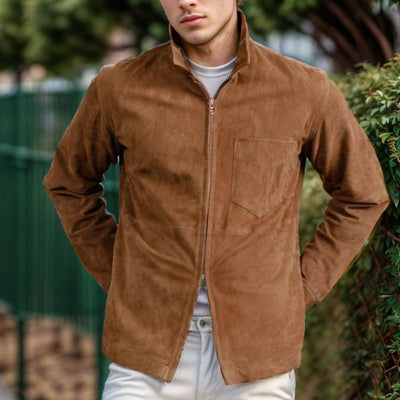 Men's Solid Suede Lapel Chest Pocket Jacket