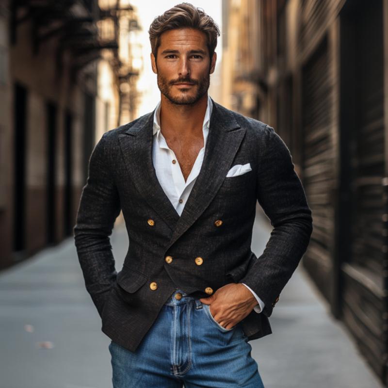 Vintage Cotton Linen Peaked Lapel Double-Breasted Slim-Fit Blazer
