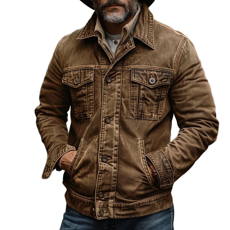 Men's Vintage Washed Denim Lapel Single Breasted Slim Fit Long Sleeve Jacket