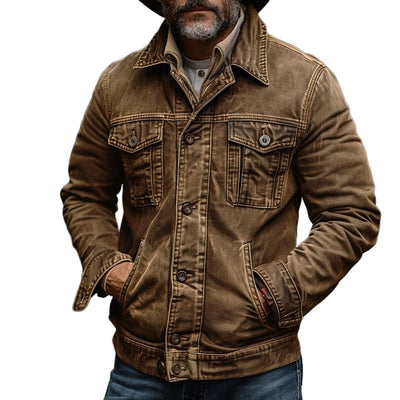 Men's Vintage Washed Denim Lapel Single Breasted Slim Fit Long Sleeve Jacket