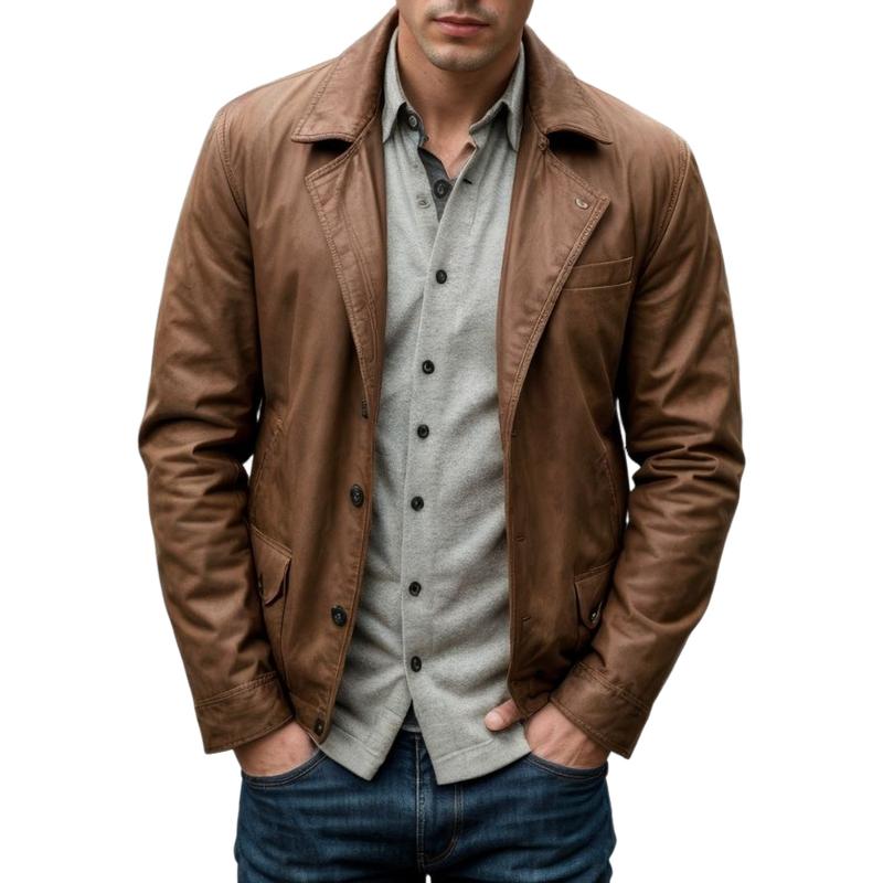 Vintage Leather Notched Lapel Single Breasted Loose Fit Blazer