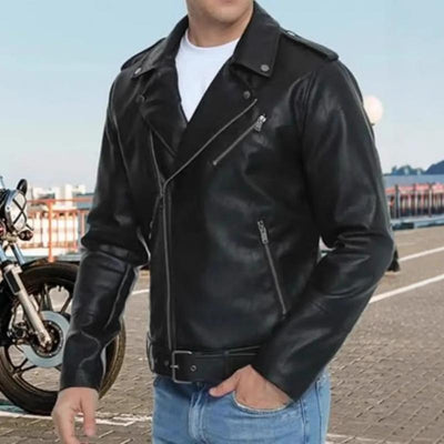 Men's Stylish Notch Lapel Zip-up Leather Motorcycle Jacket