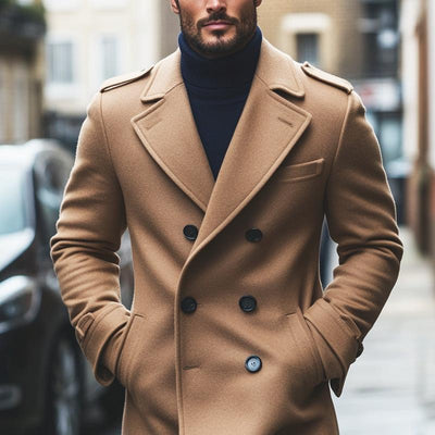 Men's Fashion Solid Notch Lapel Double Breasted Mid-length Coat 37867972Z