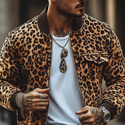 Men's Vintage Leopard Print Chest Pocket Bomber Jacket