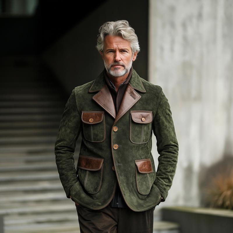 Vintage Suede and Leather Multi-Pocket Single-Breasted Blazer