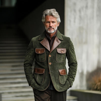 Vintage Suede and Leather Multi-Pocket Single-Breasted Blazer