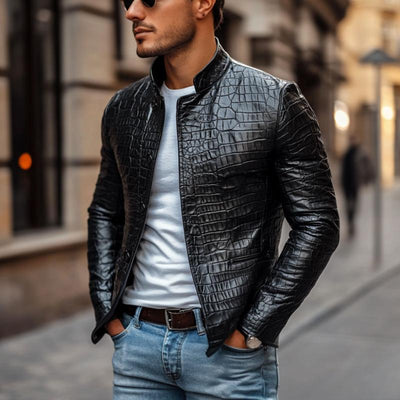 Men's Fashion Crocodile Leather Stand Collar Single Breasted Slim Fit Jacket
