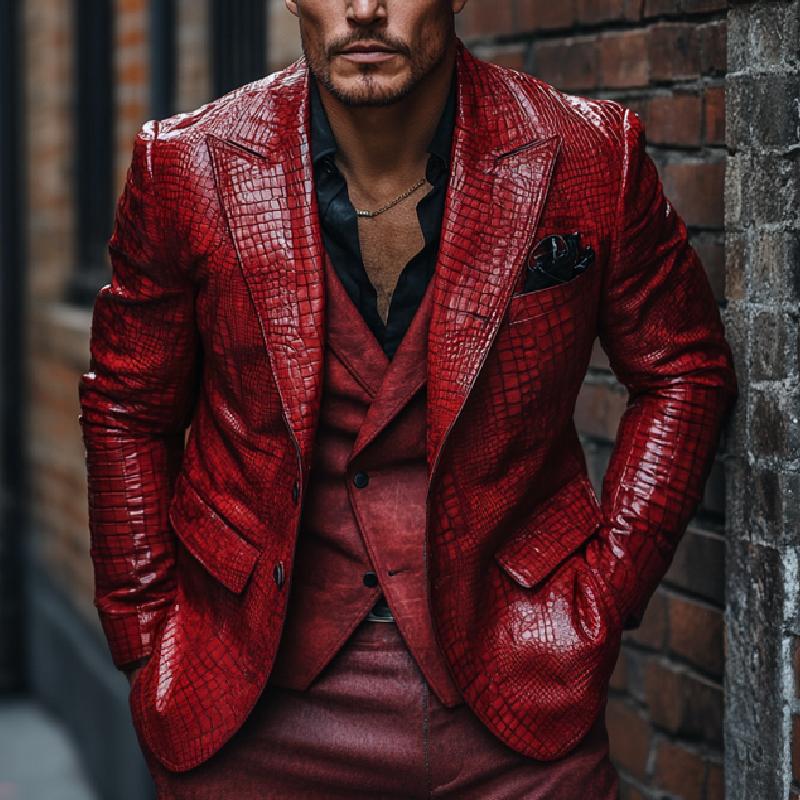 Classic Lapel Red Crocodile Pattern Leather Blazer