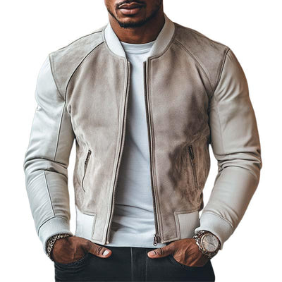 Men's Classic Casual Suede Stitching Slim Stand Collar Leather Jacket
