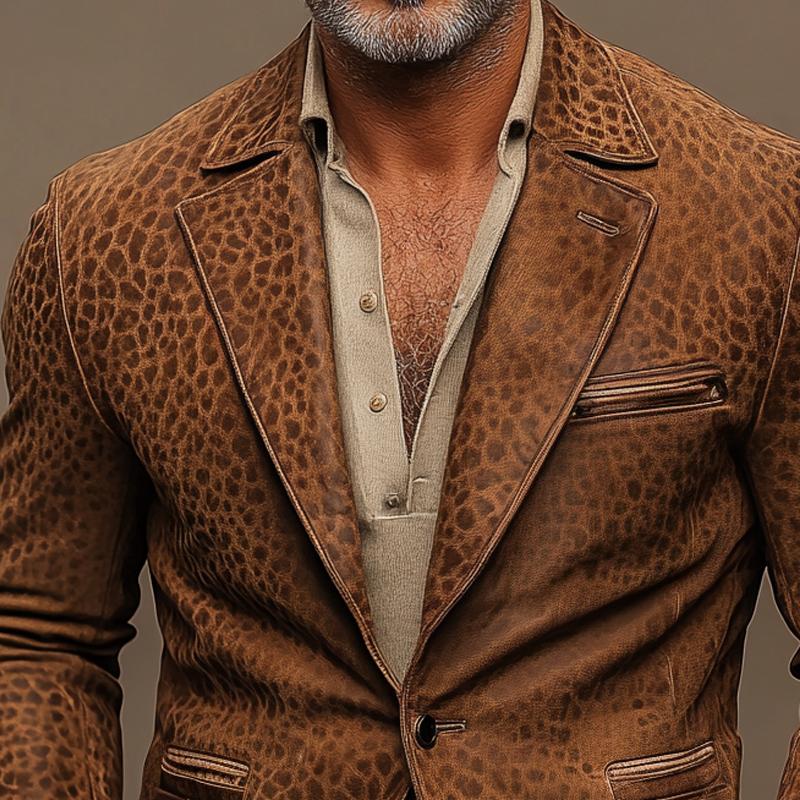 Vintage Leopard Suede Notch Lapel Multi-pocket Single Breasted Blazer