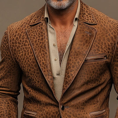 Vintage Leopard Suede Notch Lapel Multi-pocket Single Breasted Blazer