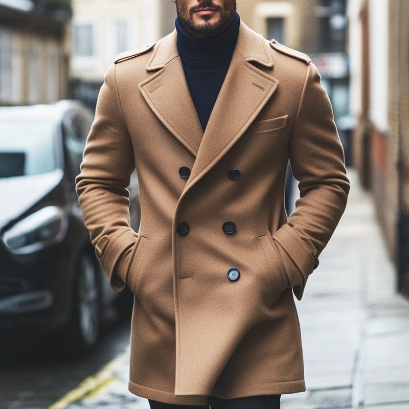 Men's Fashion Solid Notch Lapel Double Breasted Mid-length Coat 37867972Z