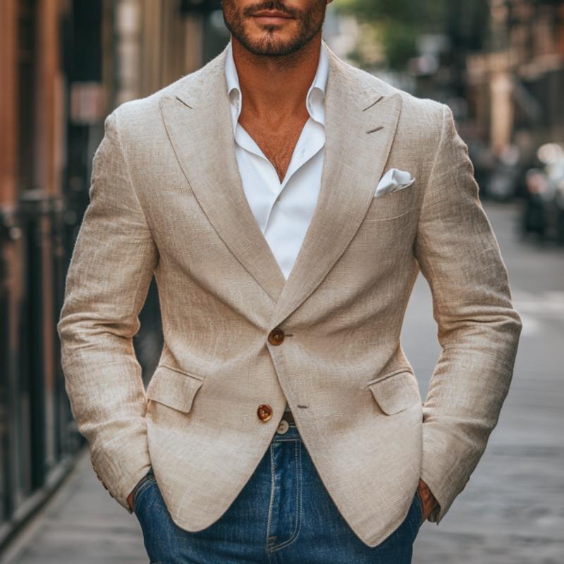 Vintage Cotton Linen Peaked Lapel Single-Breasted Slim-Fit Blazer
