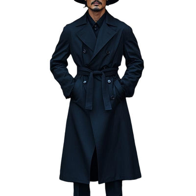 Men's Vintage Black Double Breasted Long Trench Coat 95286862U