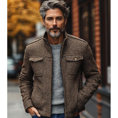 Men's Vintage Herringbone Stand Collar Double Chest Pockets Thin Jacket