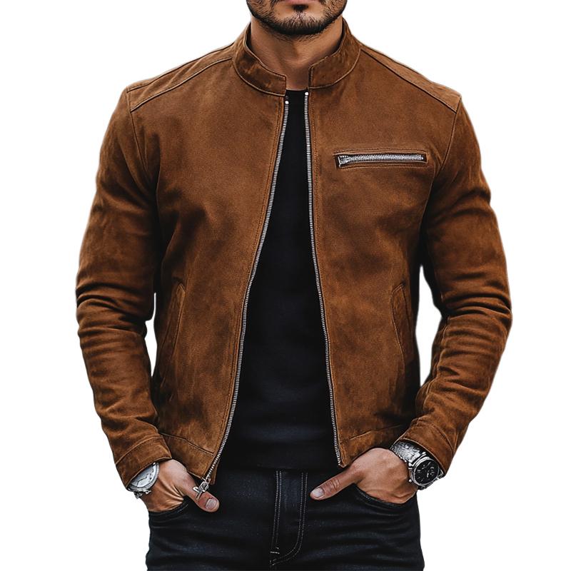 Men's Simple Stand Collar Suede Zip-Up Jacket