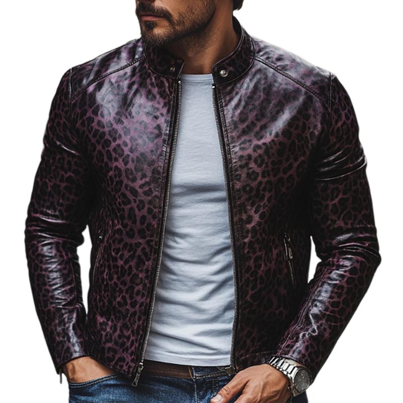 Men's Fashion Leopard Print Stand Collar Zipper Slim Fit Leather Jacket