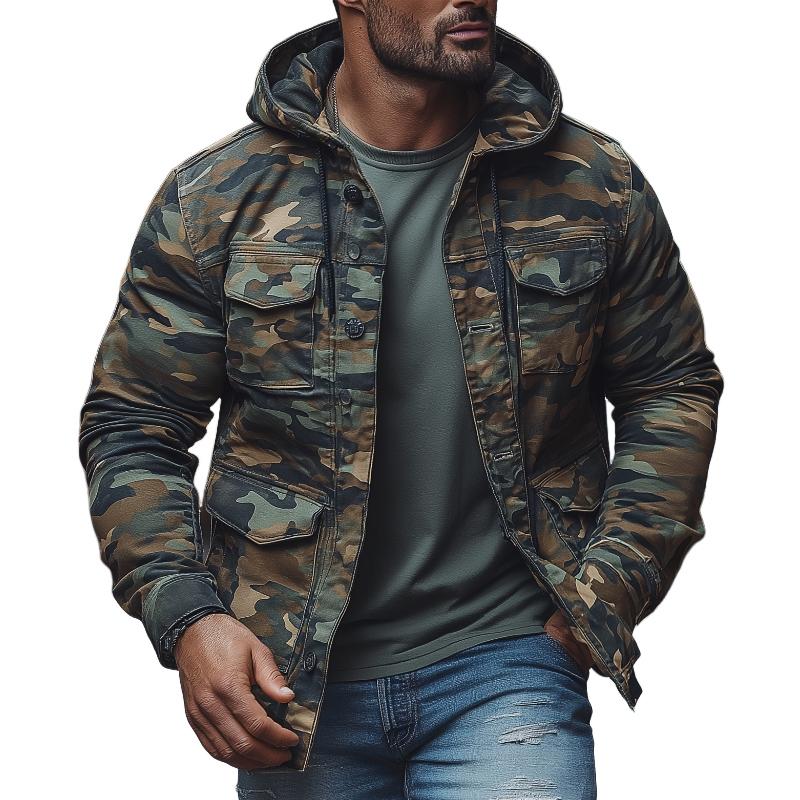 Men's Casual Outdoor Camouflage Hooded Multi-Pocket Single-Breasted Jacket