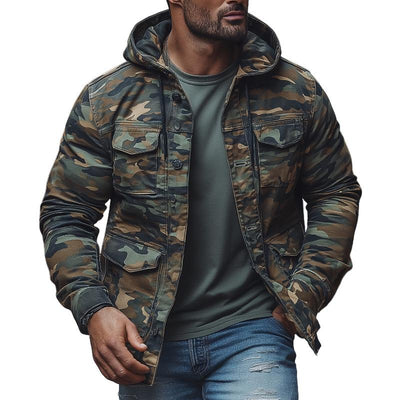 Men's Casual Outdoor Camouflage Hooded Multi-Pocket Single-Breasted Jacket