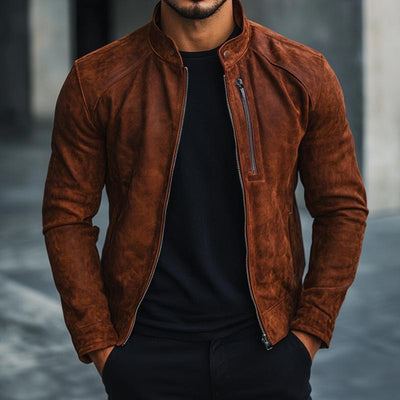 Men's Solid Color Suede Stand Collar Zipper Jacket