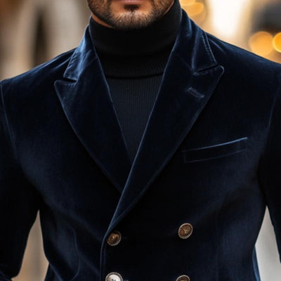 Vintage Elegant Velvet Peaked Lapel Double Breasted Slim Fit Blazer