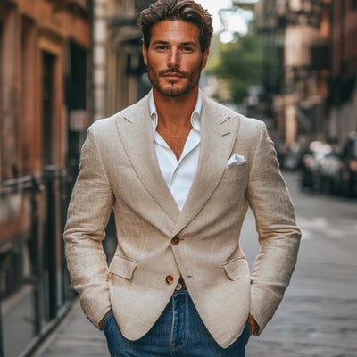 Vintage Cotton Linen Peaked Lapel Single-Breasted Slim-Fit Blazer