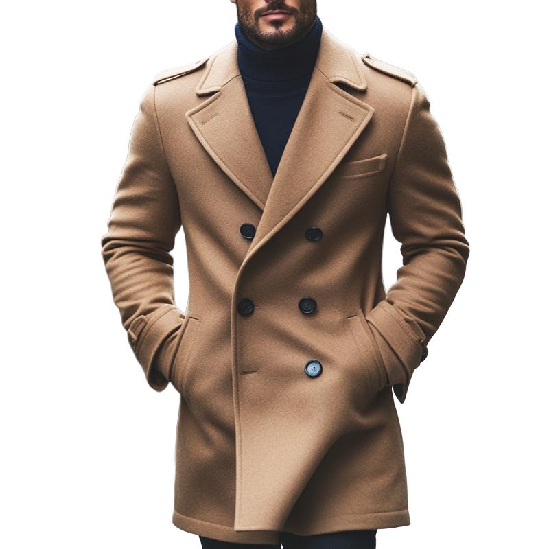 Men's Fashion Solid Notch Lapel Double Breasted Mid-length Coat 37867972Z
