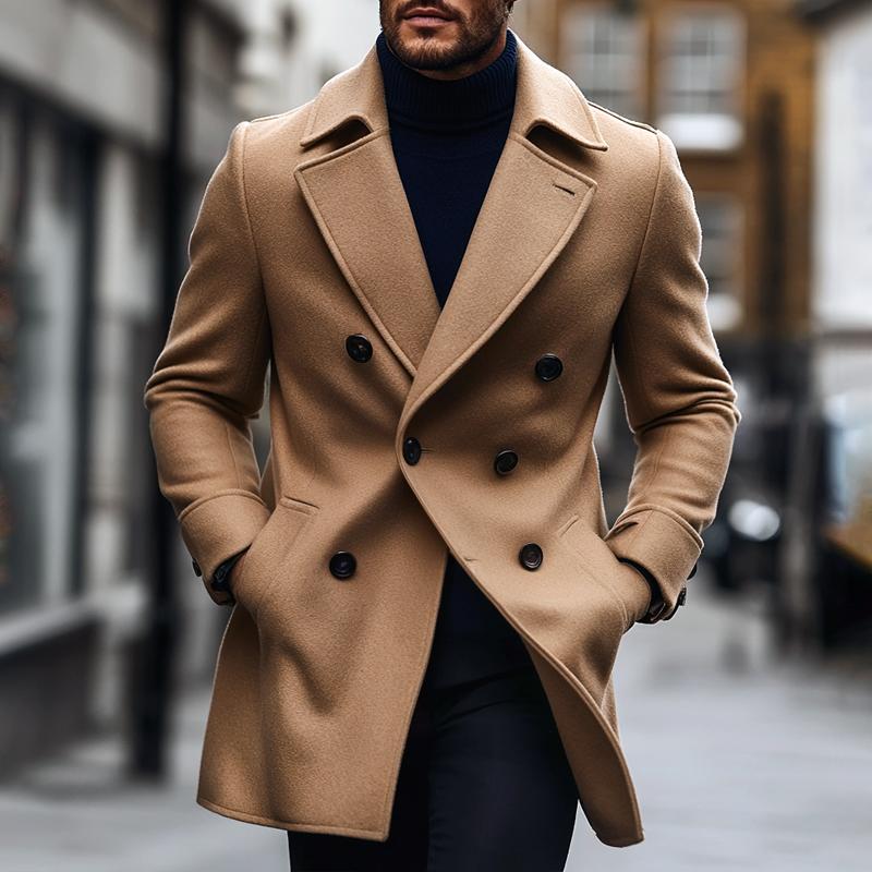 Men's Fashion Solid Lapel Double Breasted Mid-length Coat 21978924Z