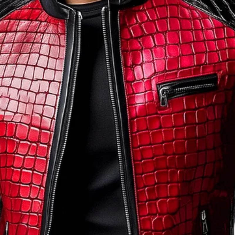 Men's Stylish Stand Collar Zipper Stone Pattern Leather Jacket