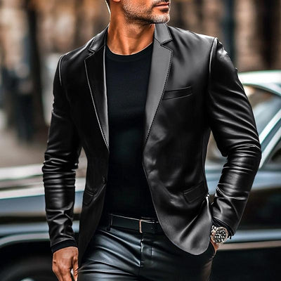 Vintage Lapel Single Button Leather Blazer