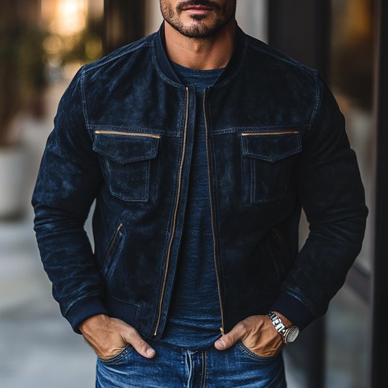 Men's Vintage Casual Suede Multi-Pocket Baseball Jacket