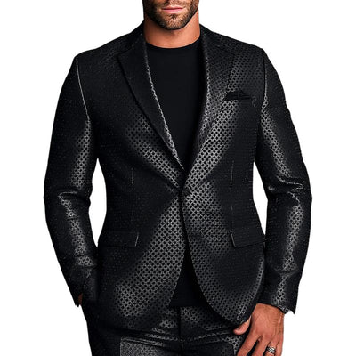 Solid Lapel Single Button Polka Dot Debossed Leather Blazer