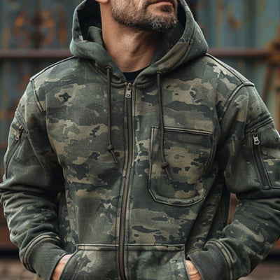 Men's Camouflage Print Chest Pocket Hooded Sweatshirt Jacket