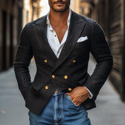 Vintage Cotton Linen Peaked Lapel Double-Breasted Slim-Fit Blazer