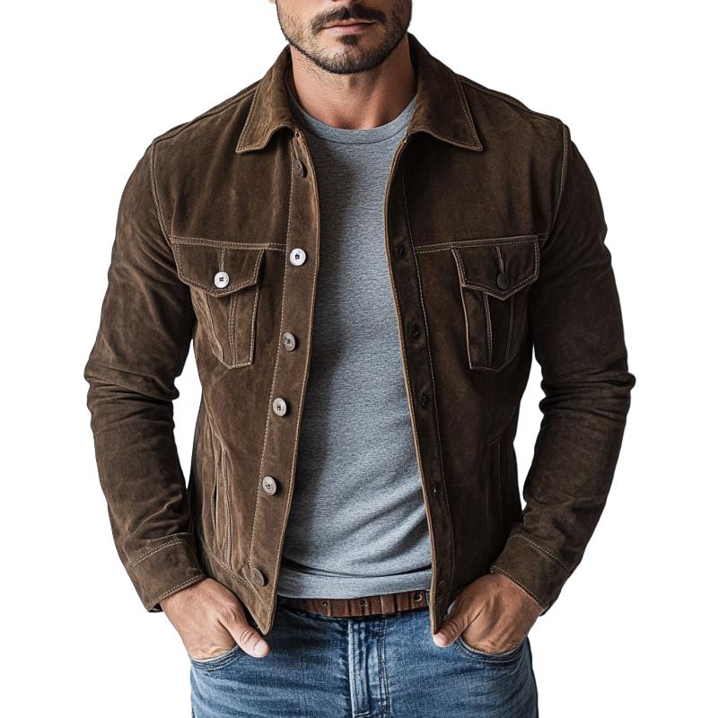 Men's Vintage Suede Buttons Multi-Pocket Lapel Jacket