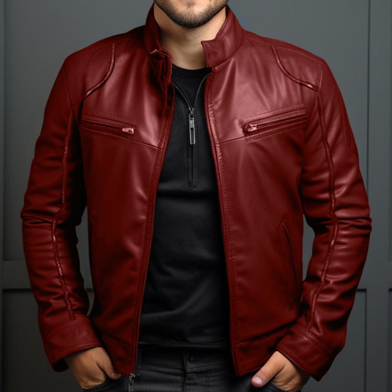 Men's Vintage Stand Collar Zipper Slim Leather Jacket