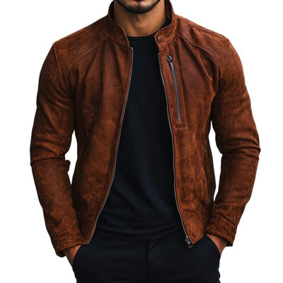 Men's Solid Color Suede Stand Collar Zipper Jacket