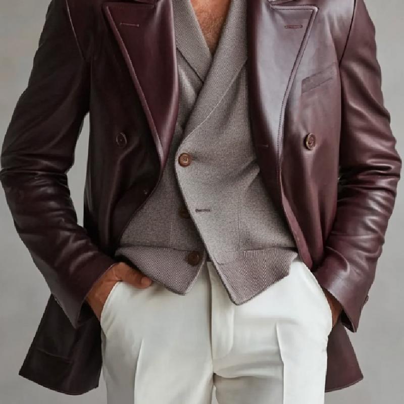 Vintage Lapel Double Breasted Leather Blazer