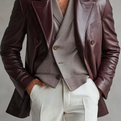 Vintage Lapel Double Breasted Leather Blazer