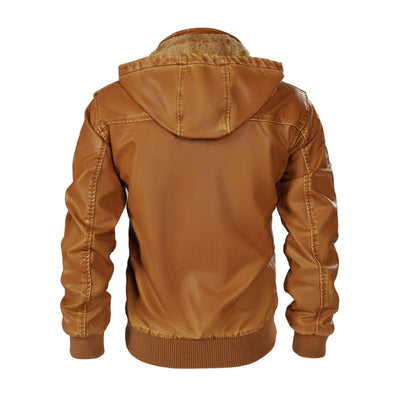 Men's Vintage Stand Collar Hooded Multi-Pocket Leather Jacket