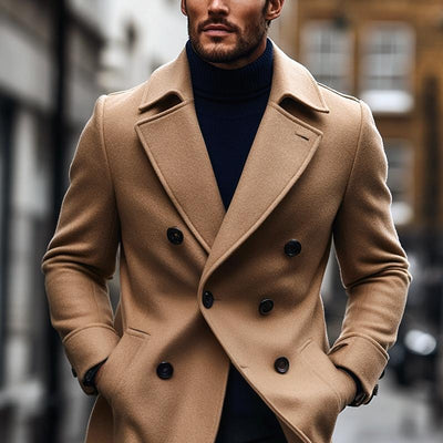 Men's Fashion Solid Lapel Double Breasted Mid-length Coat 21978924Z