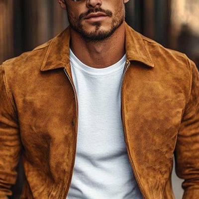 Men's Casual Solid Color Lapel Suede Jacket
