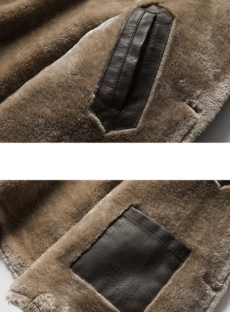 Retro Lapel Plush Lining Warm Leather Blazer