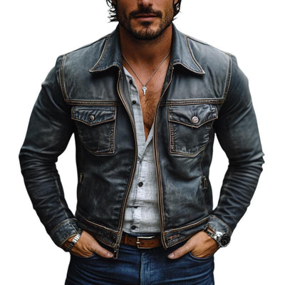 Men's Fashion Washed Distressed Lapel Chest Pocket Denim Jacket