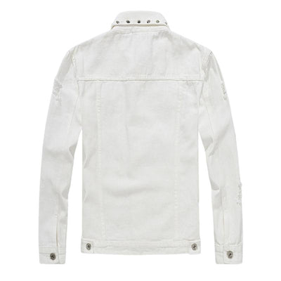 Men's Riveted Motorcycle Denim Ripped Jacket