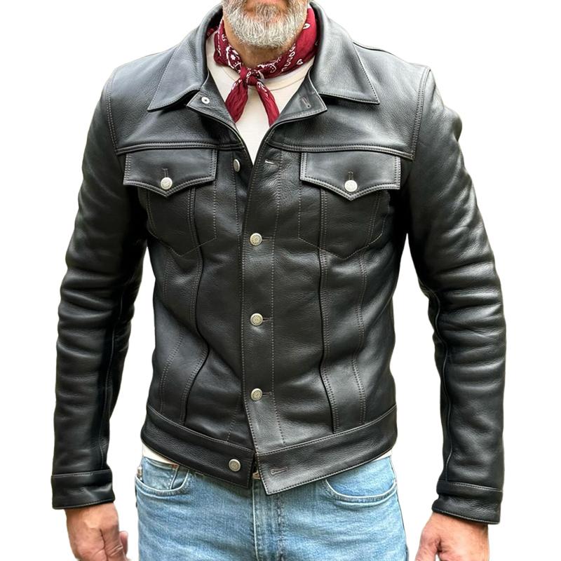 Men's Vintage Leather Lapel Chest Pocket Single Breasted Casual Jacket