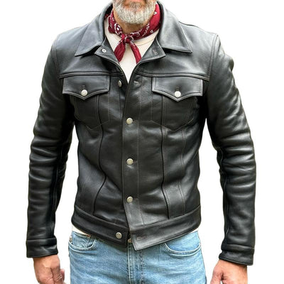 Men's Vintage Leather Lapel Chest Pocket Single Breasted Casual Jacket