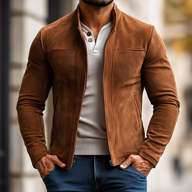 Men's Fashion Solid Color Suede Stand Collar Zipper Jacket