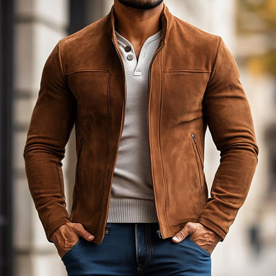 Men's Fashion Solid Color Suede Stand Collar Zipper Jacket