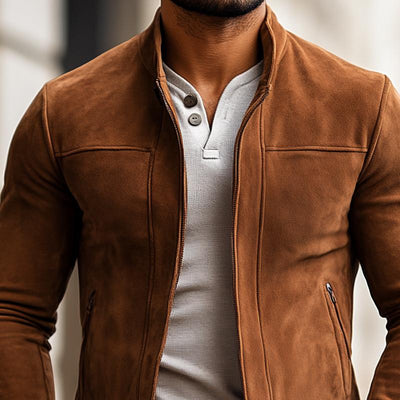 Men's Fashion Solid Color Suede Stand Collar Zipper Jacket